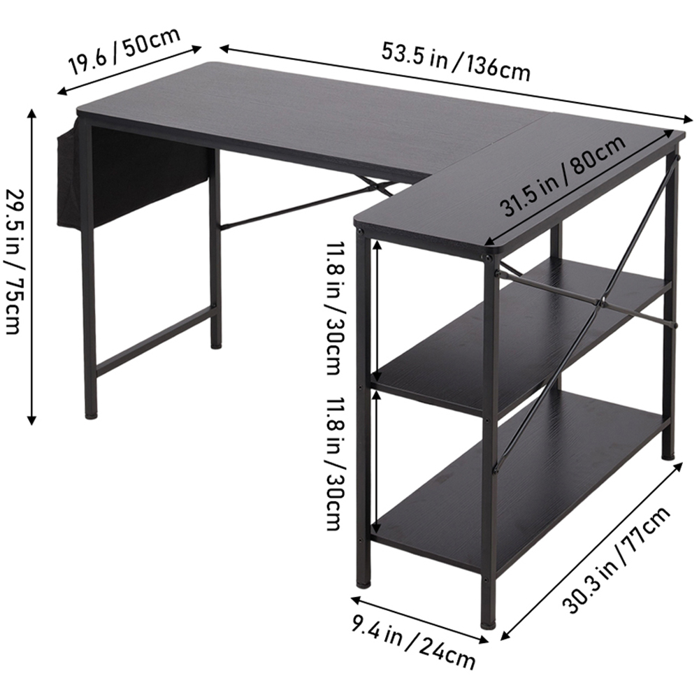 Living and Home 2 Shelf Black L-Shaped Office Desk with Storage Bag Image 7