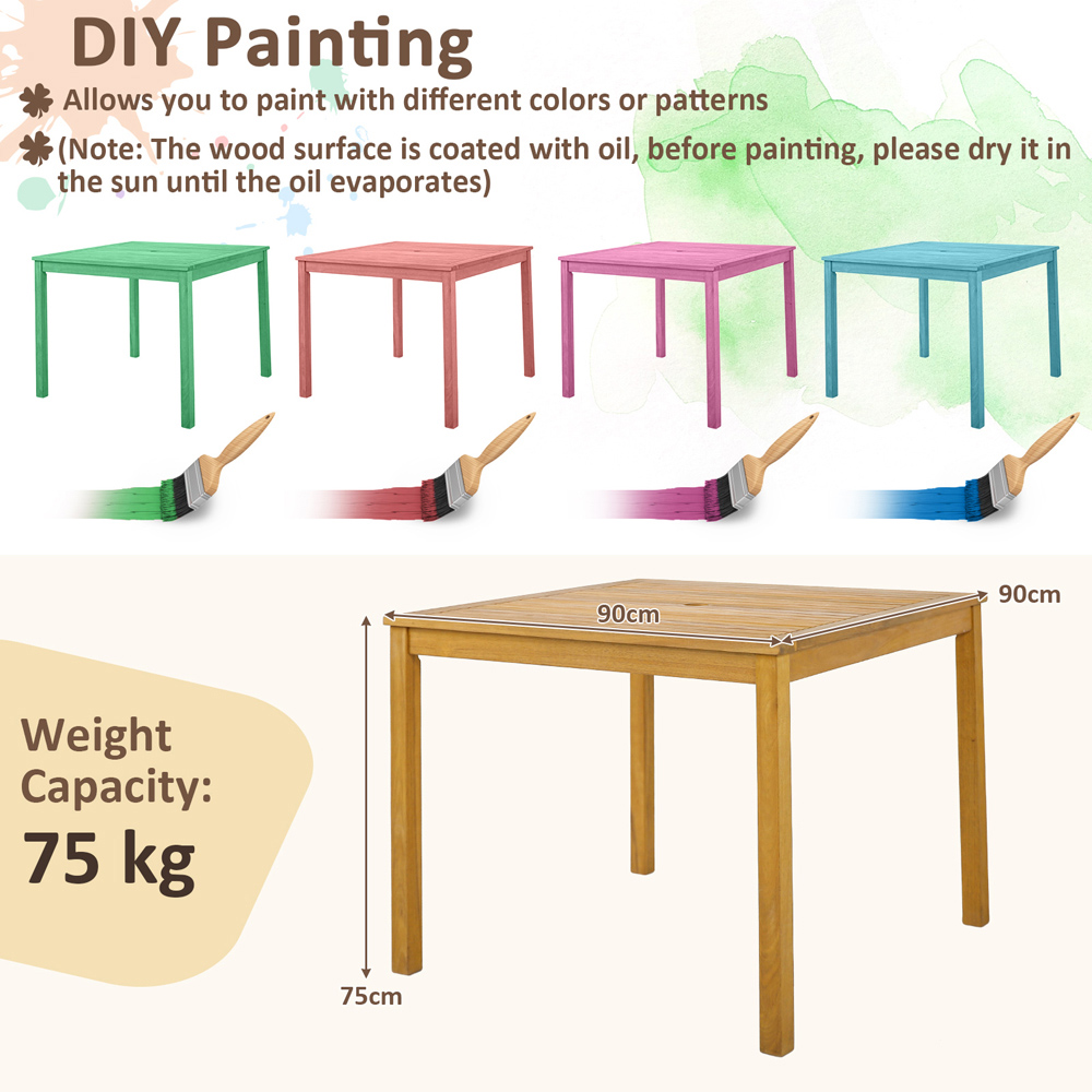 Costway 4 Seater Square Wooden Dining Table with Umbrella Hole Image 9