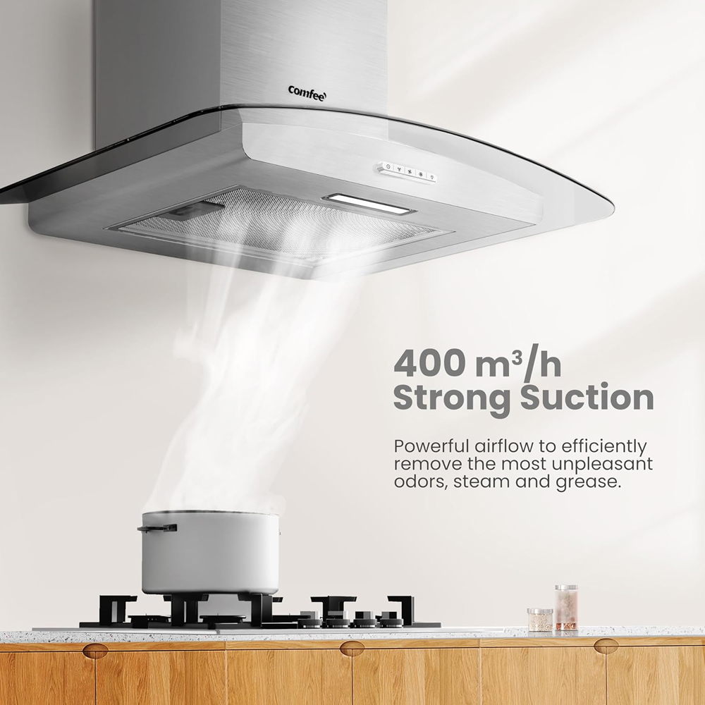 Comfee Stainless Steel Silver 60cm 3 Speed Wall Mounted Glass Cooker Hood Image 4