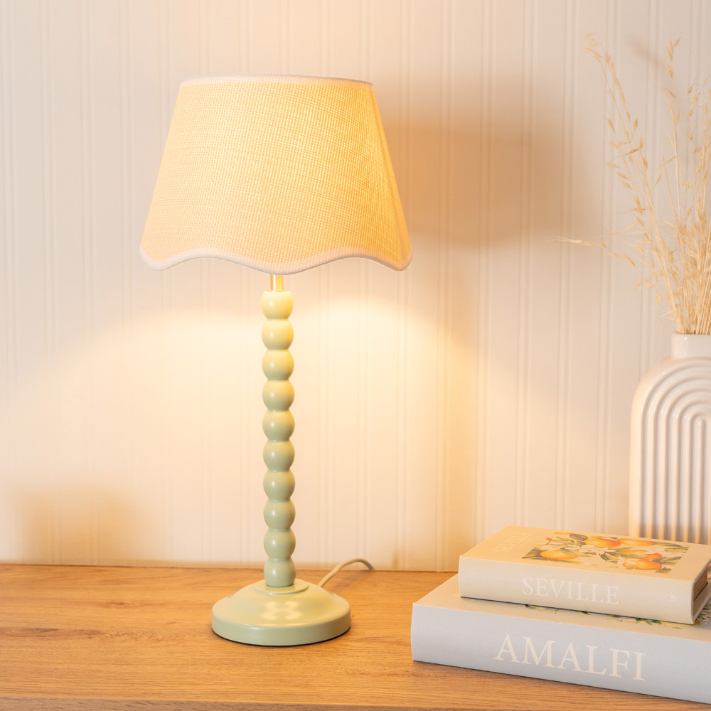 ValueLights Bobbins Linen Scallop White Edge Shade Sage Green LED Table Lamp Image 2