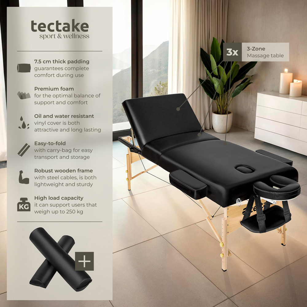 tectake Black 3 Zone Somwang Massage Table with Headrest Armrests Footrest and Bolster Set Image 6