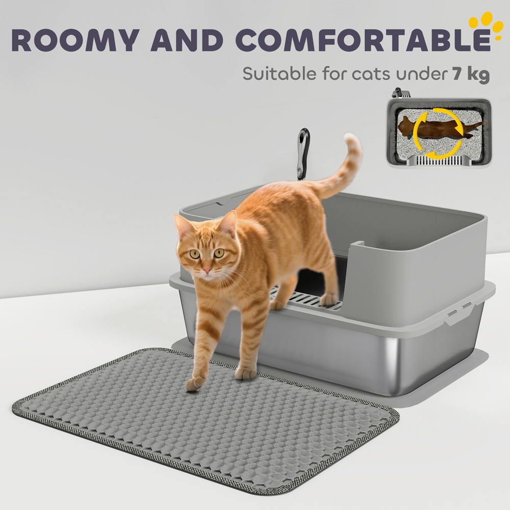 PawHut One Size Grey Stainless Steel High Sided Cat Litter Tray with Scoop Image 7