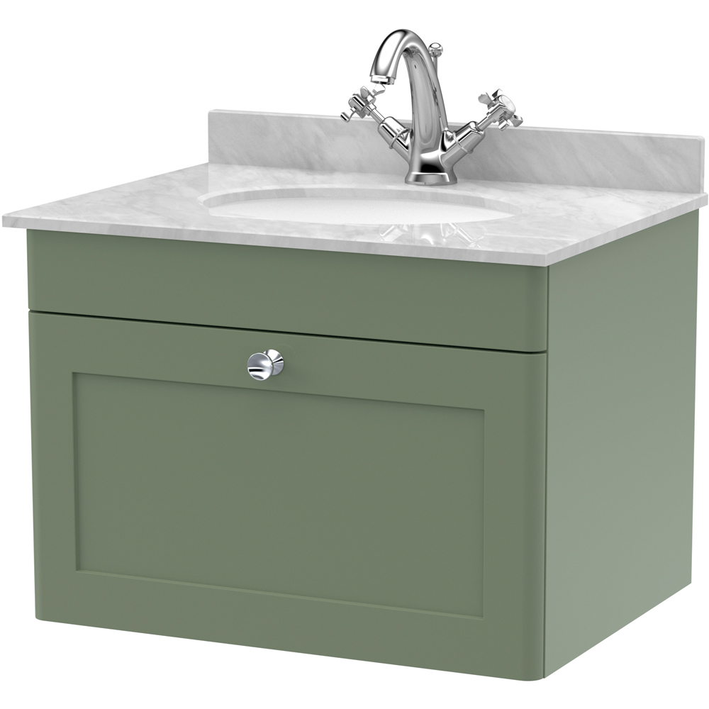 nuie Classique Single Drawer Satin Green and Grey Wall Hung Unit and 1 Tap Hole Marble Basin 600mm Image 1