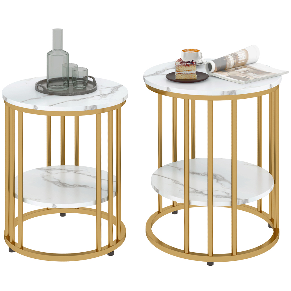 HOMCOM Marble-Effect and Gold Round Coffee Table Set of 2 Image 2
