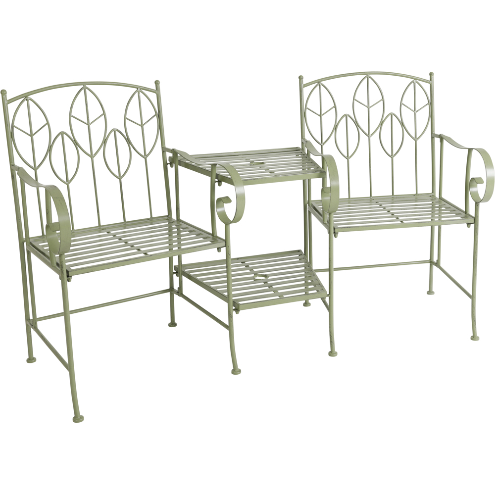 Charles Bentley 2 Seater Sage Green Rustic Metal Leaf Pattern Garden Companion Seat Image 2