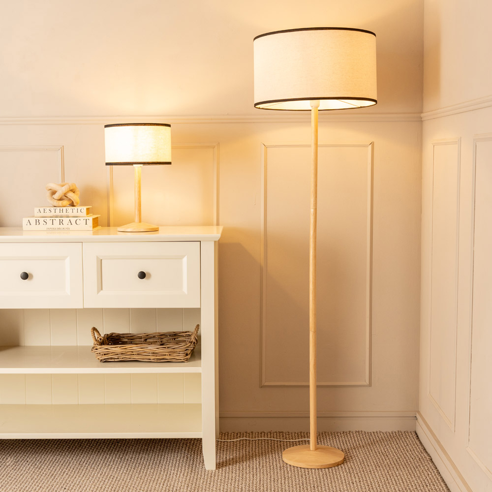 ValueLights Triston Linen Black Edge Drum Shade Natural Light Wood Stem LED Table Lamp Image 5