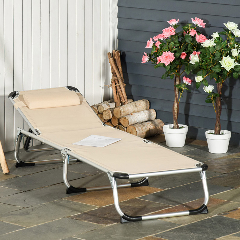 Outsunny Khaki 5 Level Reclining Folding Sun Lounger Image 1