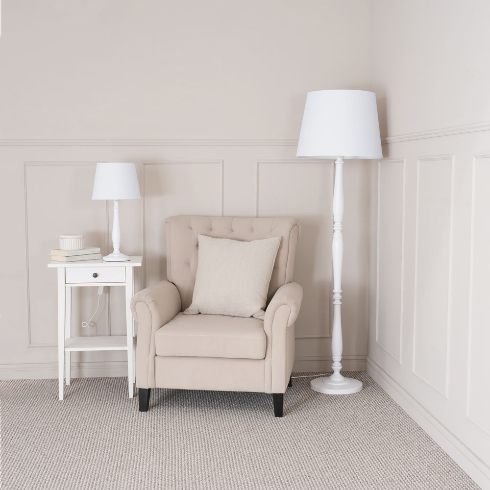 ValueLights Victoria White Fabric Tapered Shade White Wood Traditional Stem LED Floor Lamp Image 5