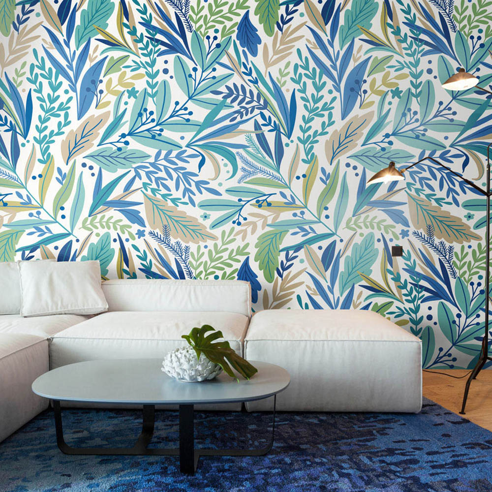 Origin Murals Repeatable Patterned Leaves Denim Blue 3 Drop Wall Mural Image 1