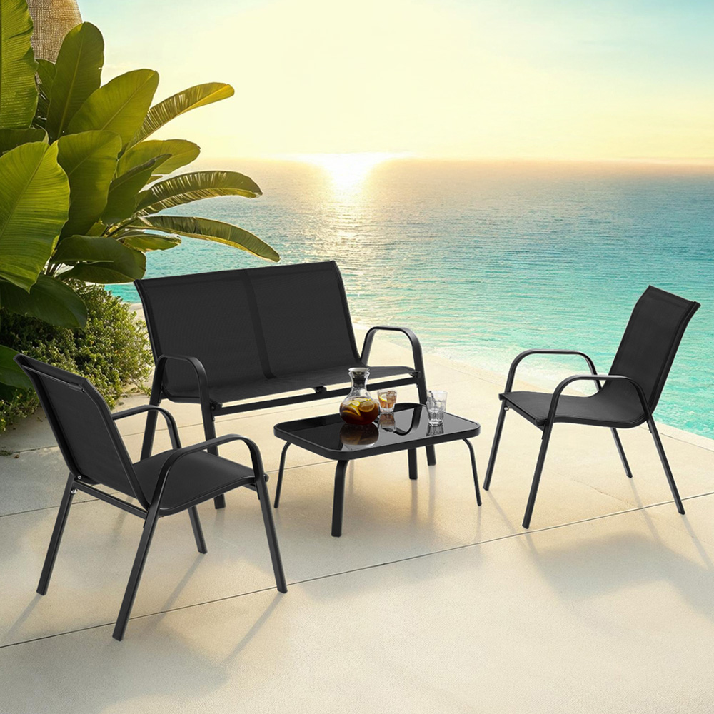 tectake Nora 4 Seater Black Textilene Fabric Outdoor Seating Table Set Image 1