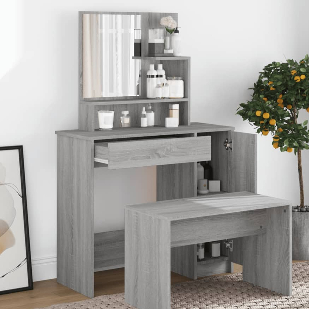 vidaXL Single Door Single Wide Drawer Grey Sonoma Dressing Table with Mirror Image 1