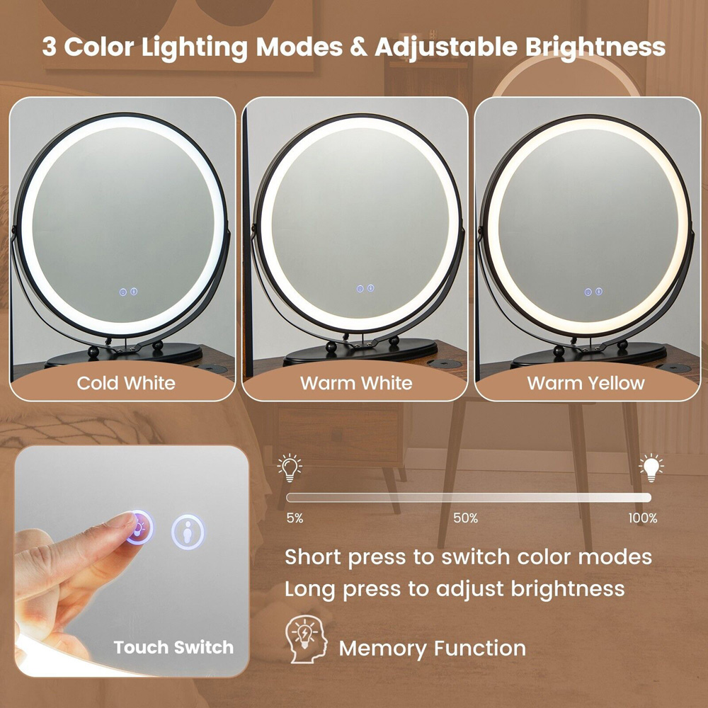 Costway 5 Drawer Brown Vanity Dressing Table Set with LED Mirror and Charging Station Image 6