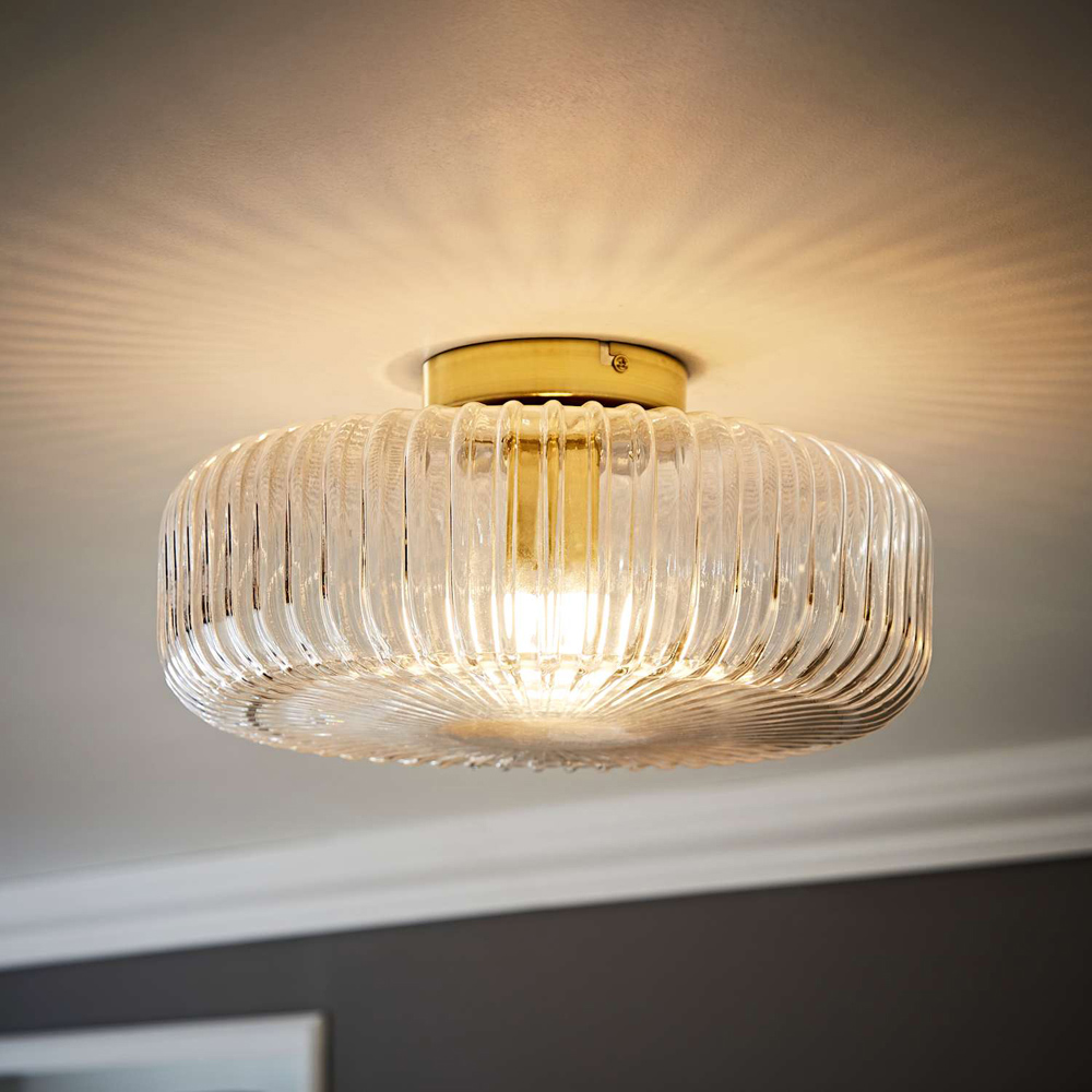 ValueLights Calpe Ribbed Smoked Shade Large Antique Brass Flush Ceiling Light with Bulb Image 6