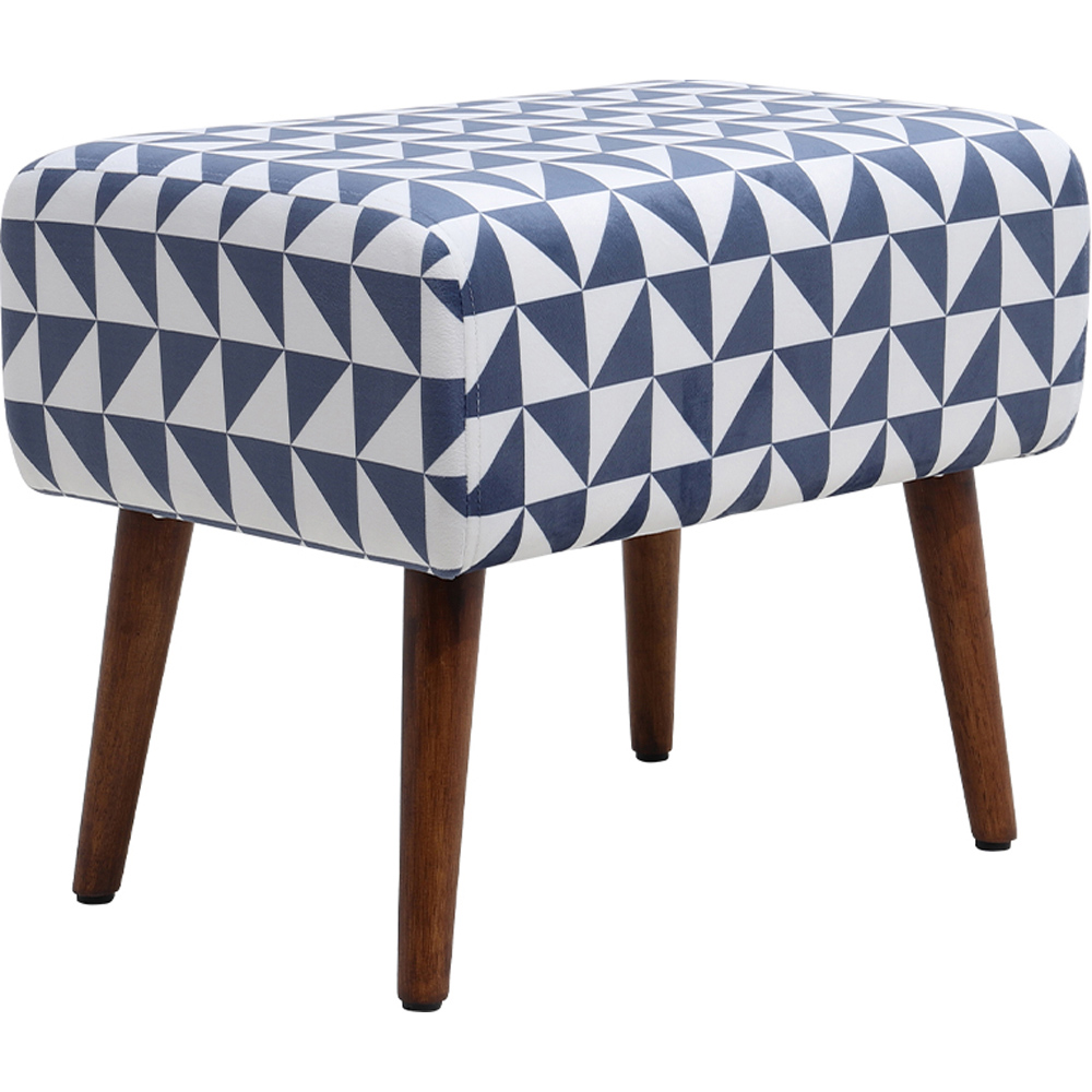 Living and Home Blue and White Mid Century Patterned Ottoman Footstool with Walnut Legs Image 2