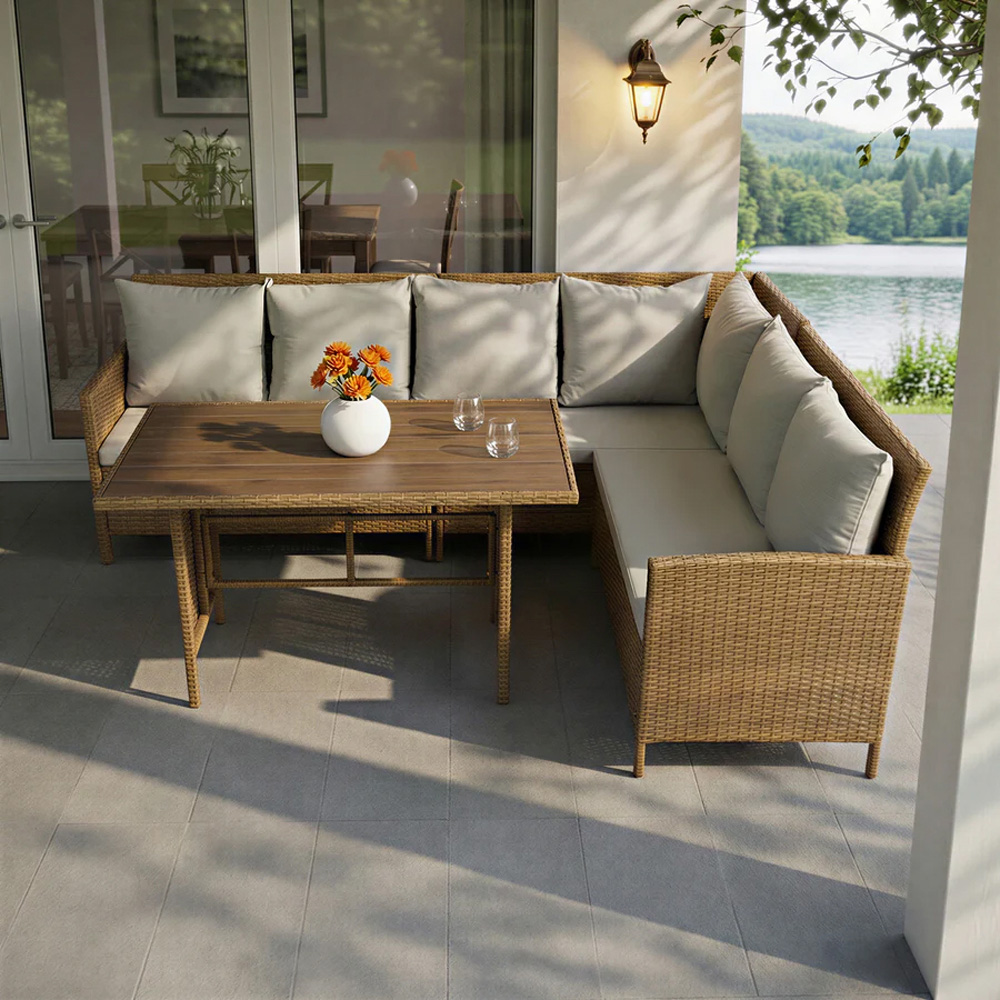 HGD Alia 6 Seater Brown and Grey Rattan Garden Corner Dining Sofa Set with Polywood Table Image 5