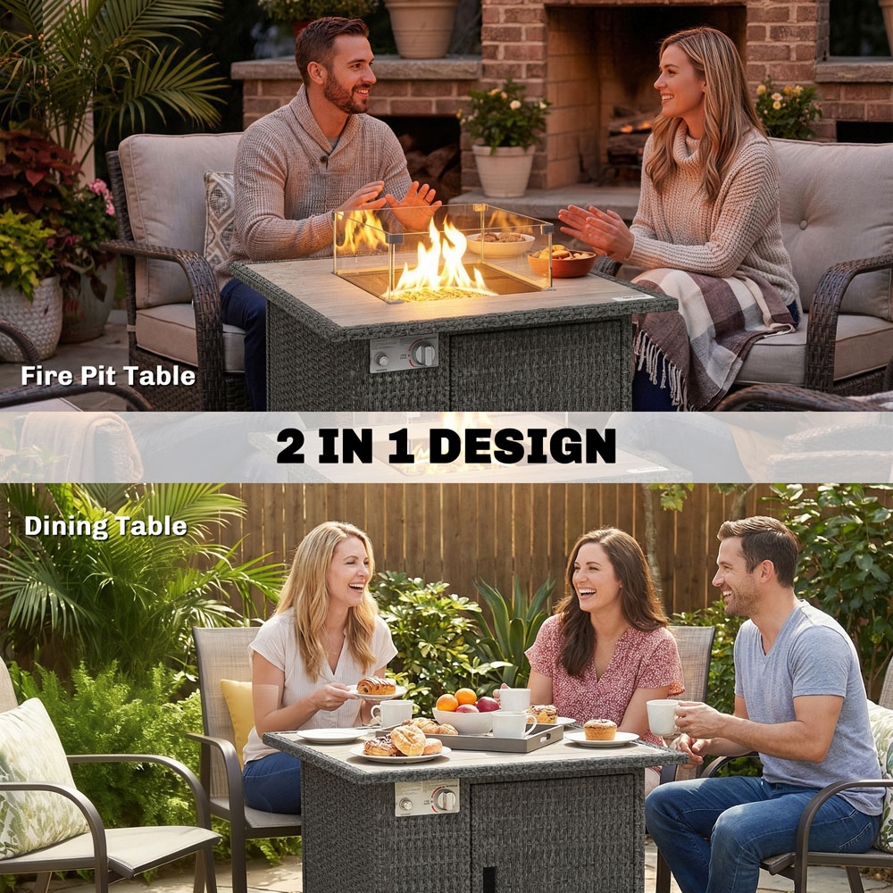 Outsunny Grey 50000 BTU Rattan Gas Fire Pit Table with Rain Cover and Wind Guard Image 3