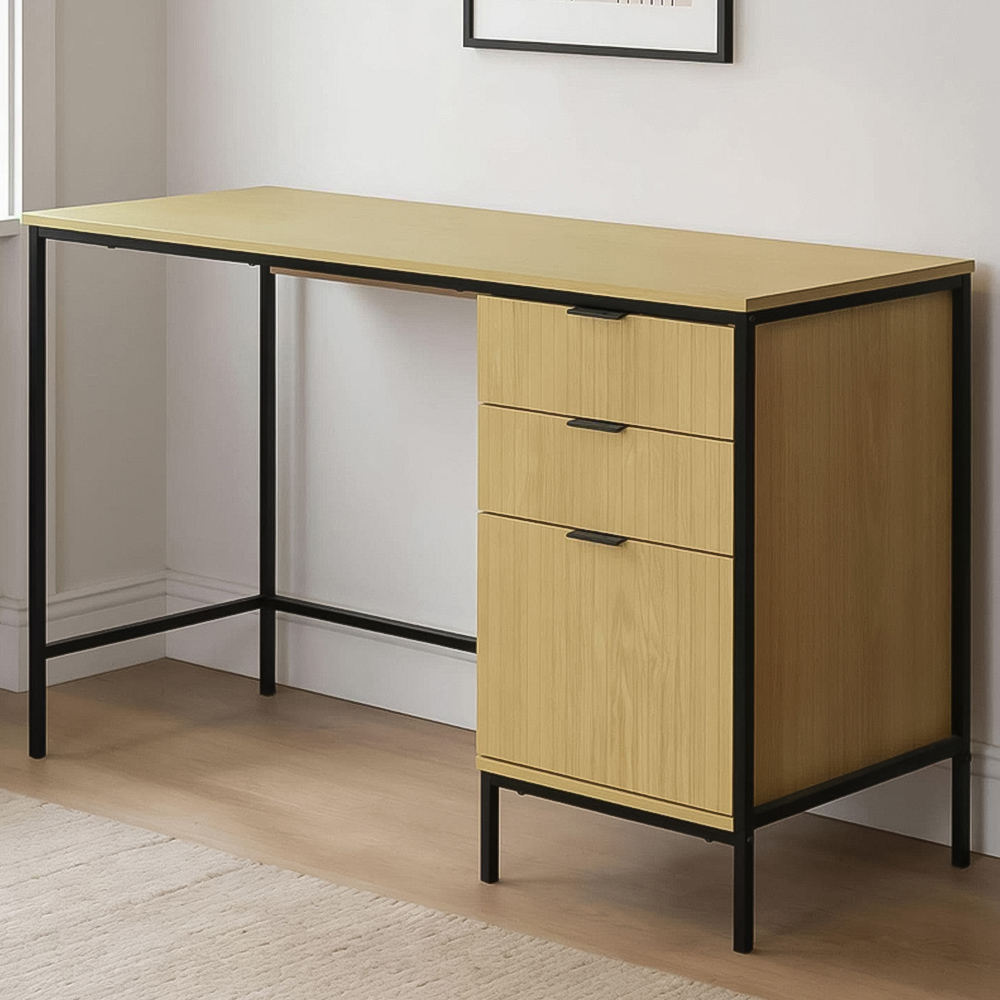 Home Source Wisbech 3 Drawer Black and Oak Effect Desk Image 1