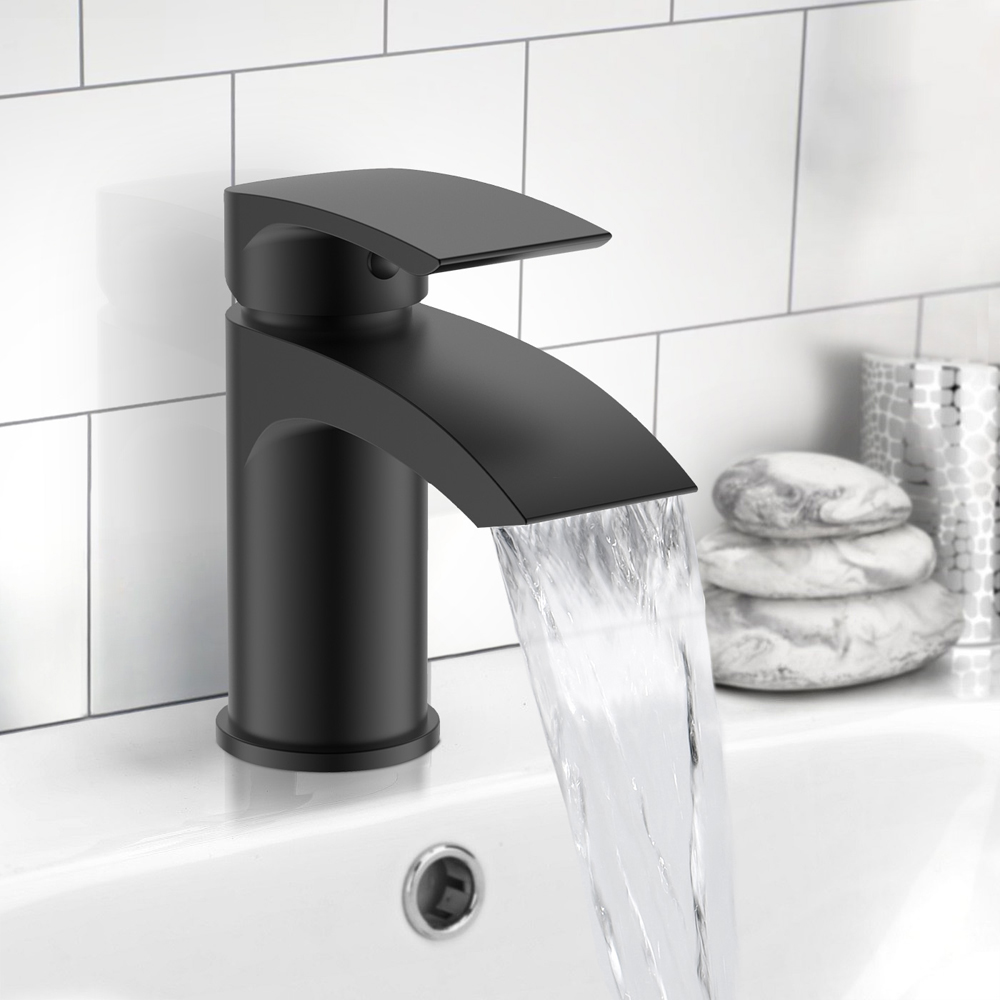Nes Home Libra Waterfall Matte Black Basin Mono Mixer Tap with Waste Image 2