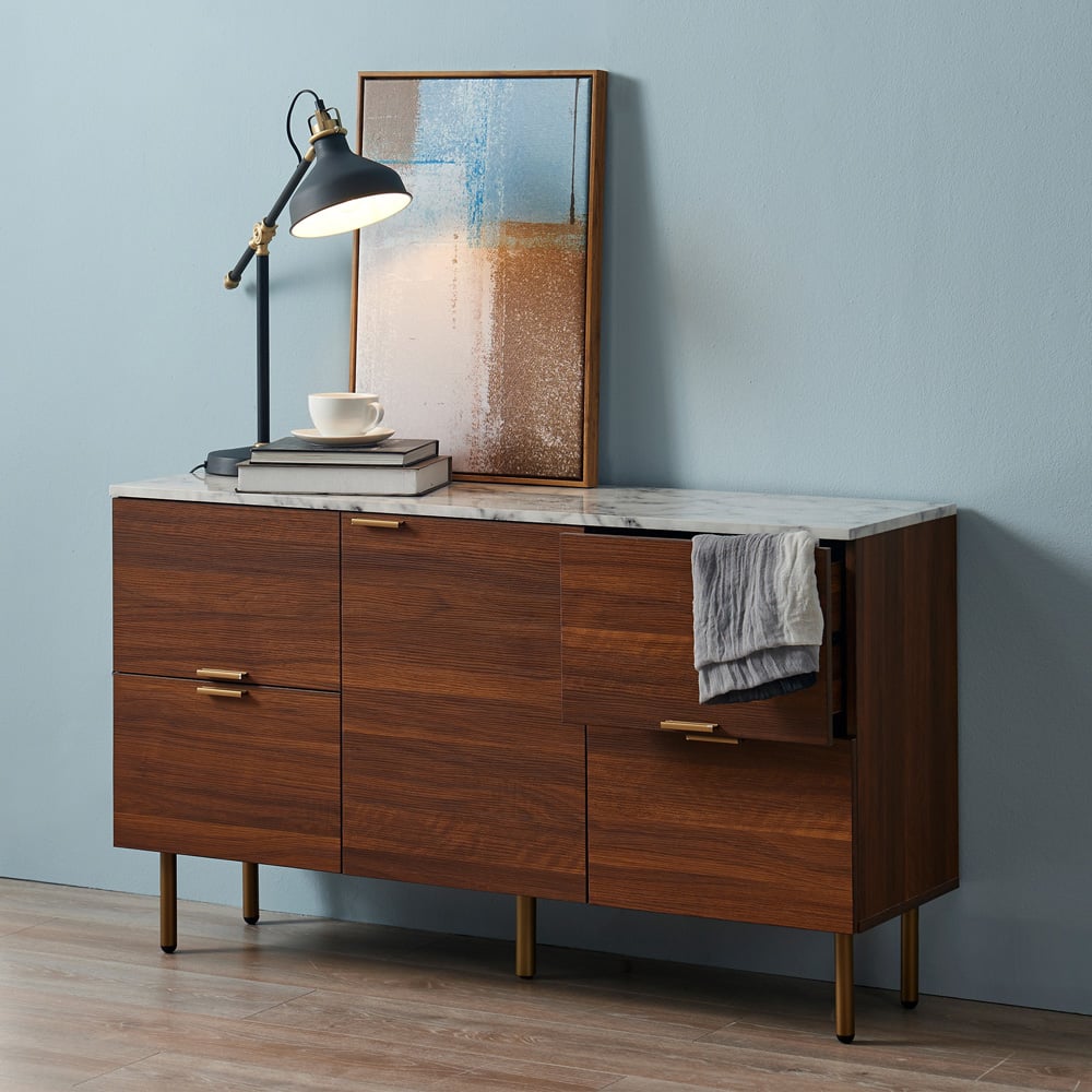 Teamson Home Ashton Single Door 4 Drawer Walnut Wooden Sideboard with Marble-Look Top Image 7