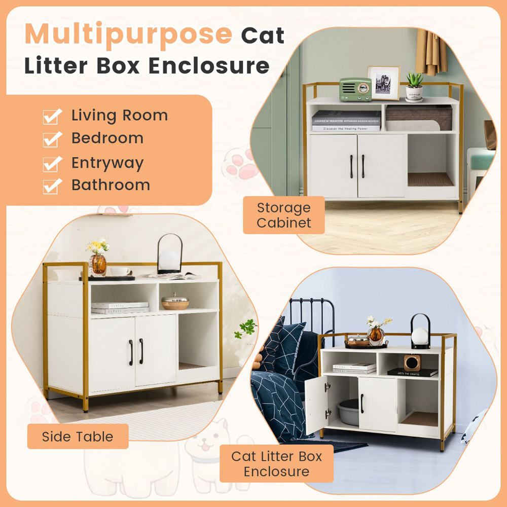 Costway White Wooden Cat Litter Box Enclosure with Scratching Board Image 7
