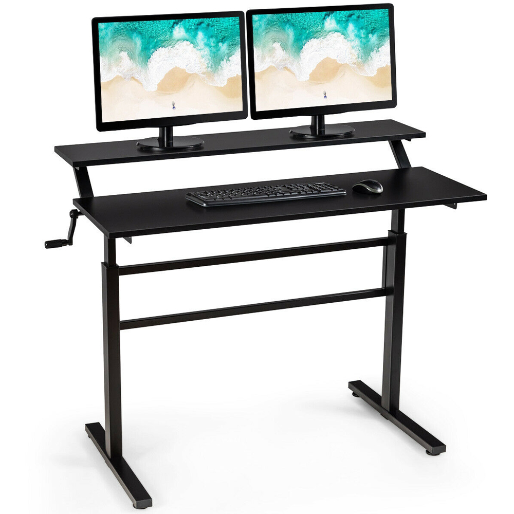 Costway Black 2 Tier Height Adjustable Standing Desk with Crank Handle Image 4