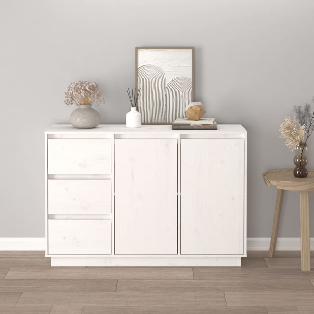vidaXL 2 Door 3 Drawer White Solid Pine Wood Sideboard Image 8