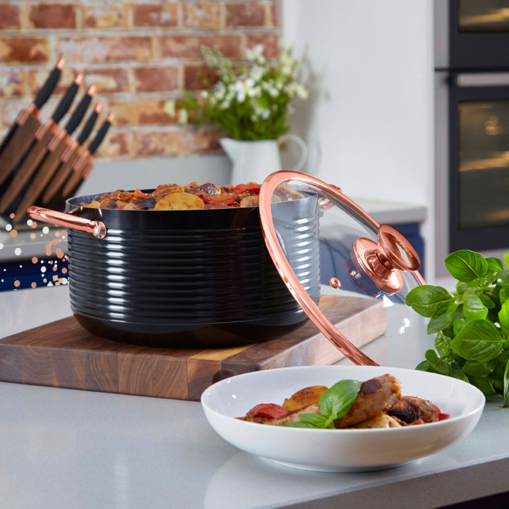 Tower Linear 24cm Black and Rose Gold Aluminium Non-Stick Casserole Dish with Lid Image 2