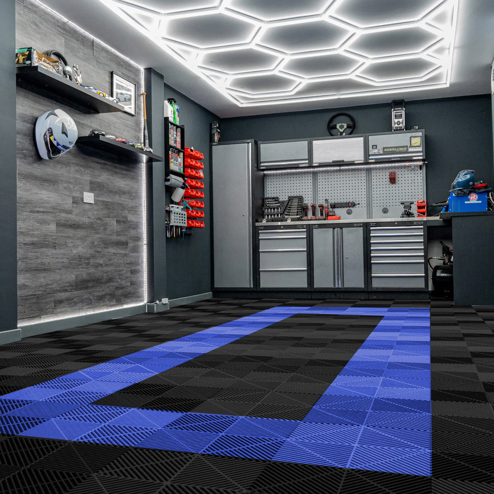 MonsterShop 165 Black and 60 Blue Vented Garage Floor Tiles with Edges and 2 x 14 Hexagon LED Light Image 2
