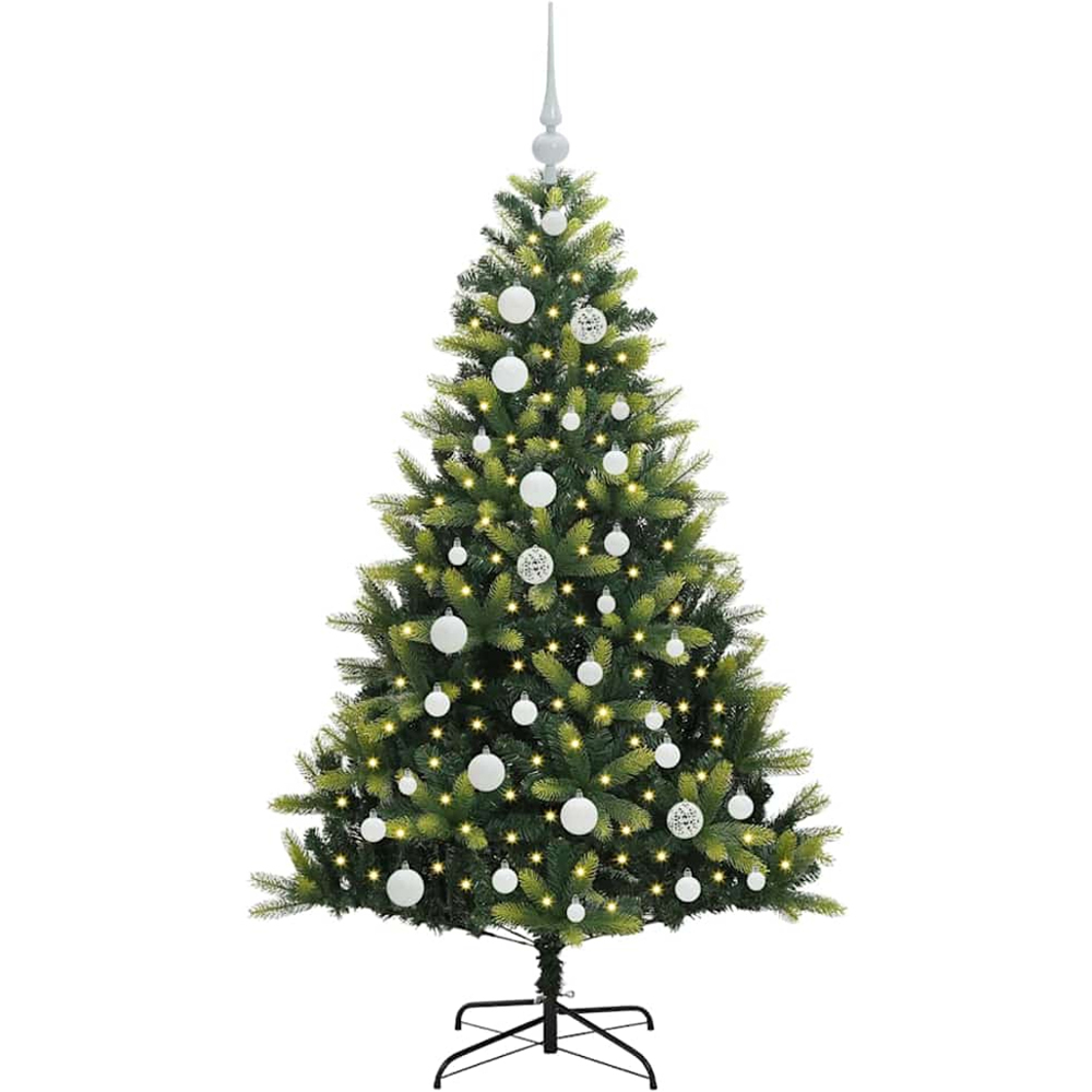 vidaXL Pre-Lit White Baubles Green Artificial Hinged Christmas Tree 4ft Image 1