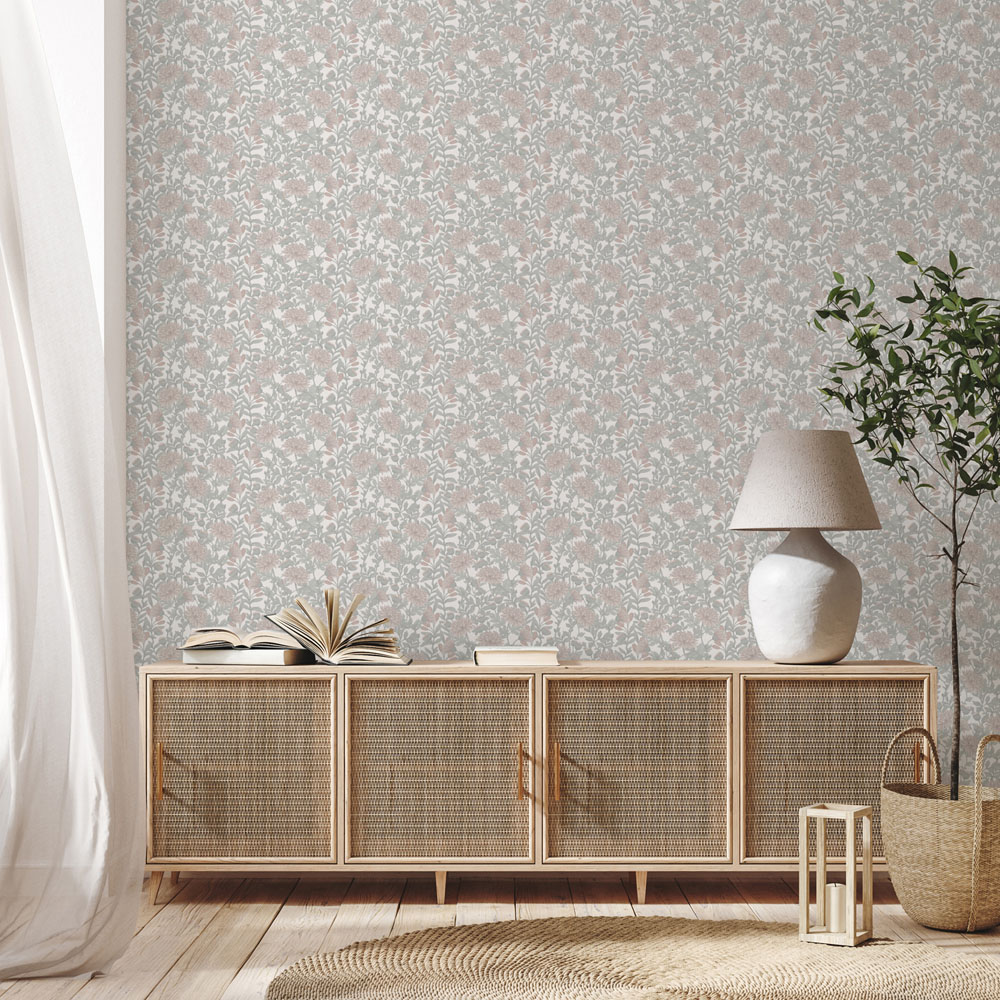 Muriva Martha Floral Green and Blush Wallpaper Image 5