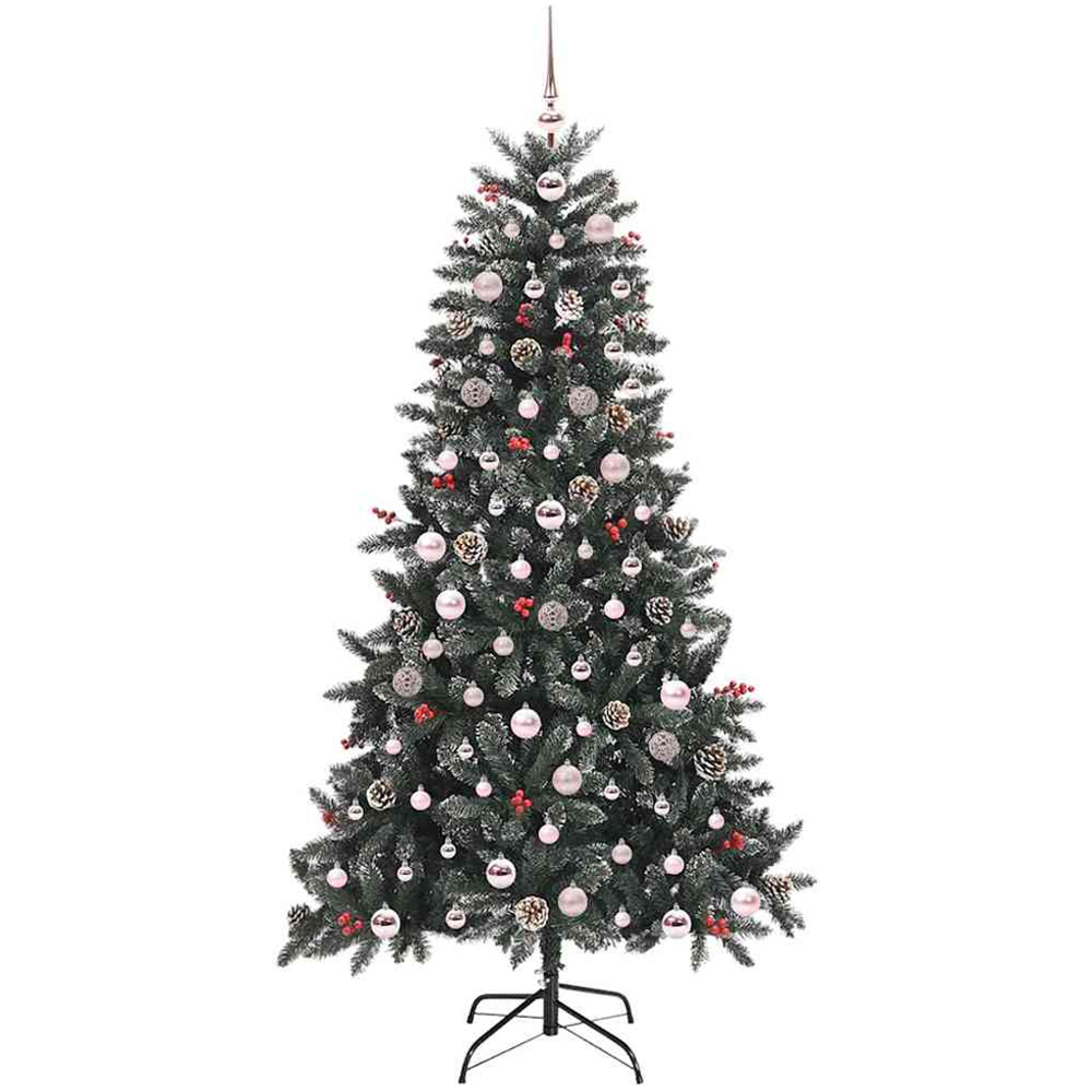 vidaXL Pre-Lit Pink Baubles and Pinecones Green Artificial Snow Tipped Christmas Tree 6ft Image 4