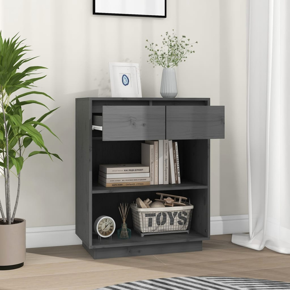 vidaXL 2 Drawer 2 Shelf Grey Solid Pine Wood Console Cabinet Image 7