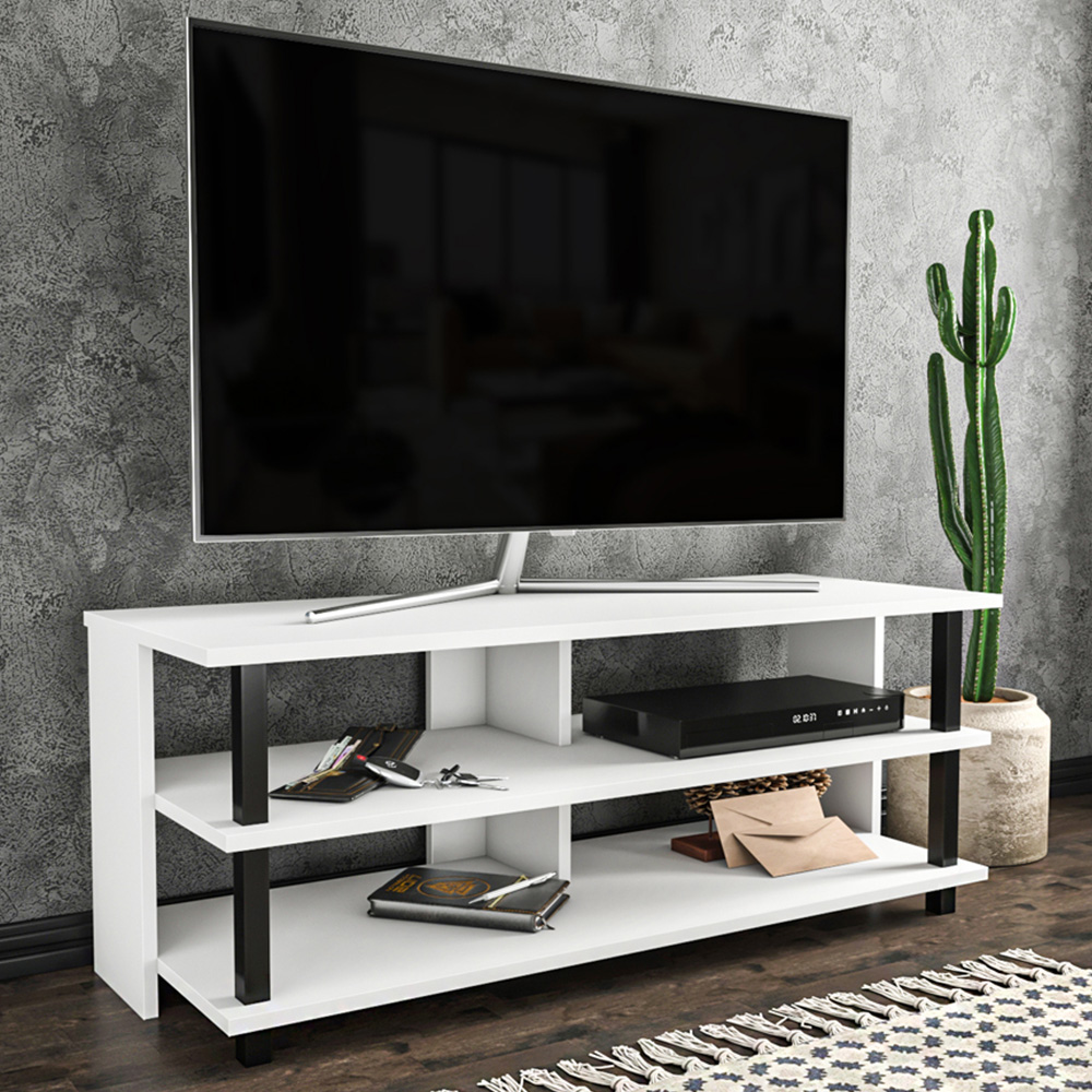 Decorotika Pueblo 4 Open Shelf Black and White Wide TV Unit Image 6