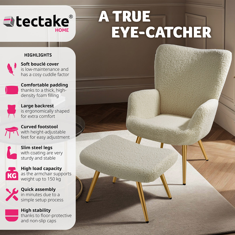tectake Hygge Cream and Gold Boucle Armchair with Stool Image 3