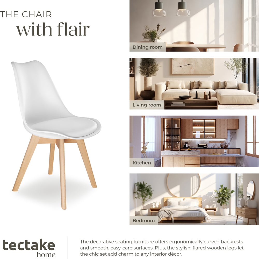 tectake Frederikke Set of 4 White Ergonomic Dining Chair with Padded Seat and Wooden Legs Image 7