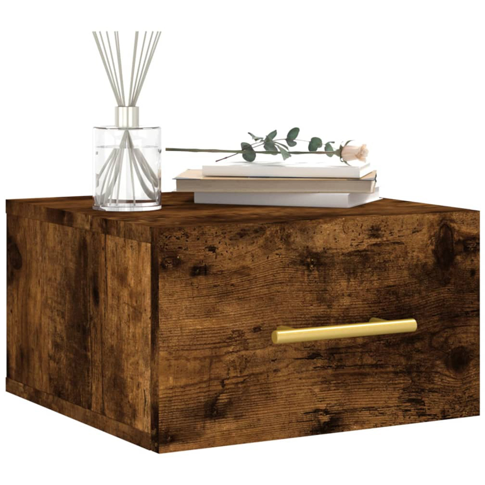 vidaXL Single Drawer Smoked Oak Wall Mounted Bedside Cabinet with Gold Handle Image 3