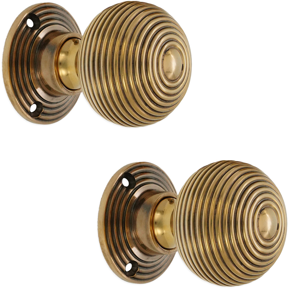 Spira Brass Aged Brass Ribbed Rim and Mortice Door Knob 2 Pack Image 1