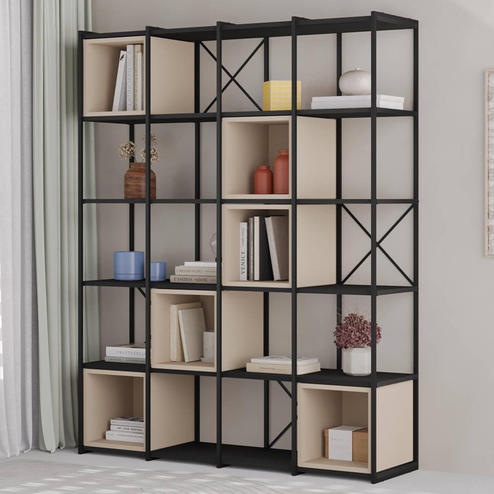 Decortie Vale Maxi 20 Shelf Black Wood and Sandstone Bookcase Image 1