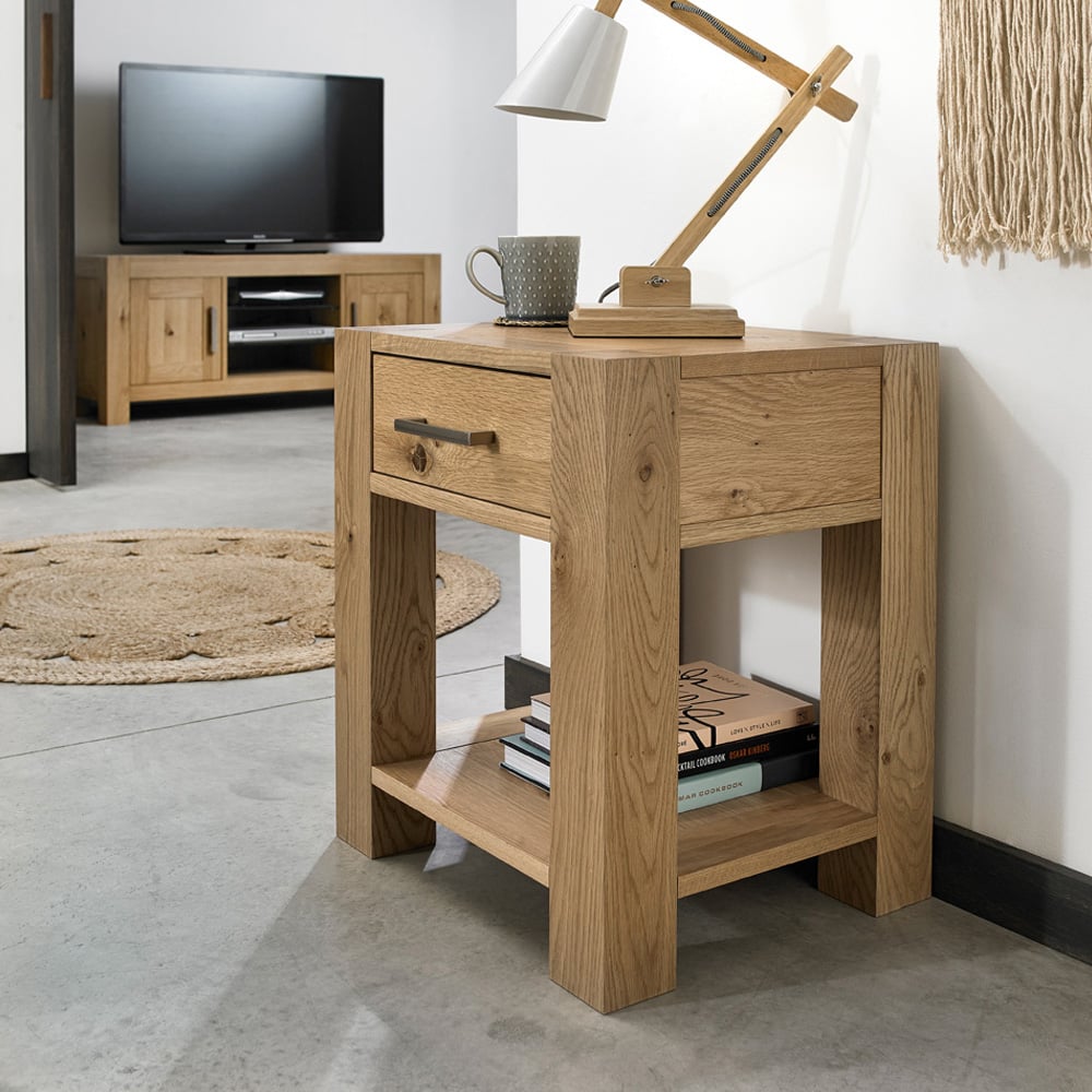 Bentley Designs Turin Single Drawer Single Shelf Light Oak Lamp Table Image 4