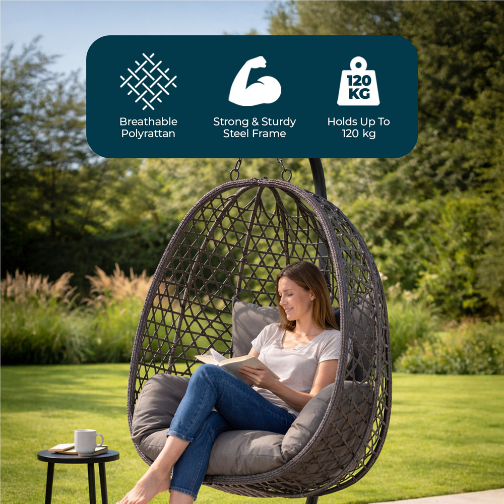 Jack Stonehouse Rattan Hanging Garden Egg Chair with Cushions Image 3