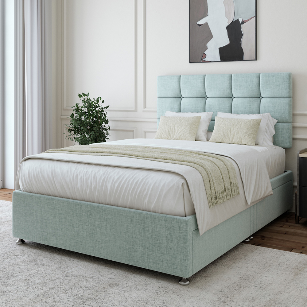 Bedmaster King Size Duck Egg Linen 4 Drawer Divan Base with Pearl Headboard Image 1