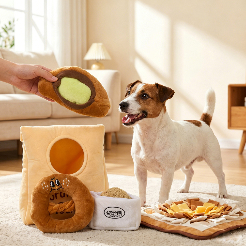 H&O Direct 4 Piece Squeaky Fish Cake Croissant and Pretzel Soft Plush Interactive Dog Toy Set Image 2