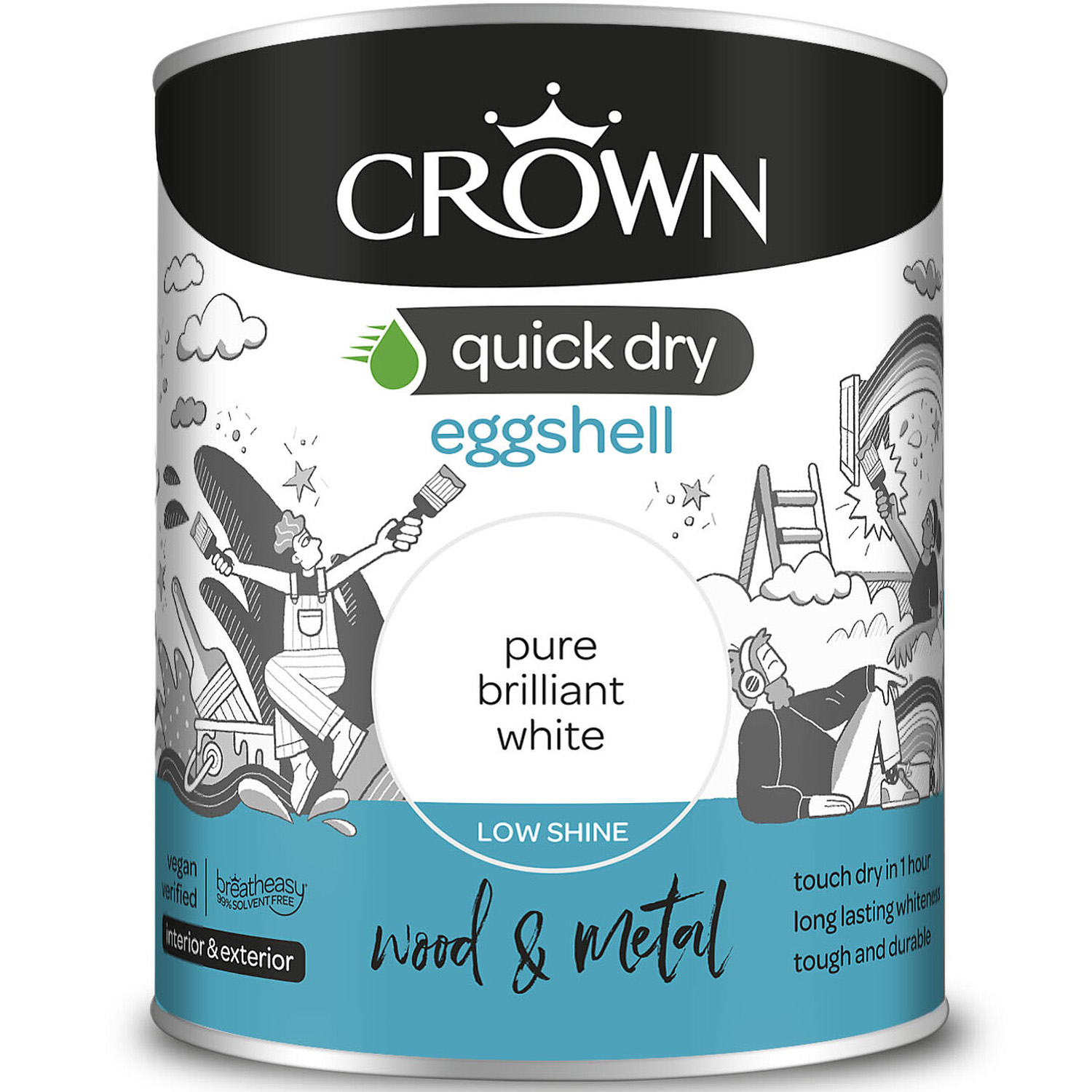 Crown Quick Dry Wood and Metal Pure Brilliant White Eggshell Paint 750ml Image 2