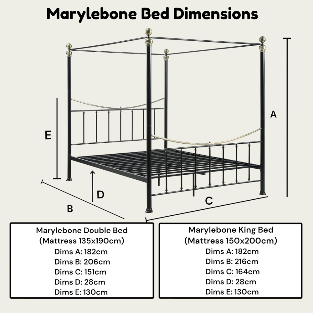 OAT Home Marylebone Double Black and Brass Metal 4 Poster Bed Frame Image 9