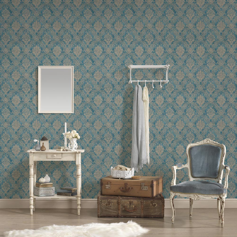 A.S Creation Damask Teal Turquoise and Beige Non-Woven Wallpaper Image 3