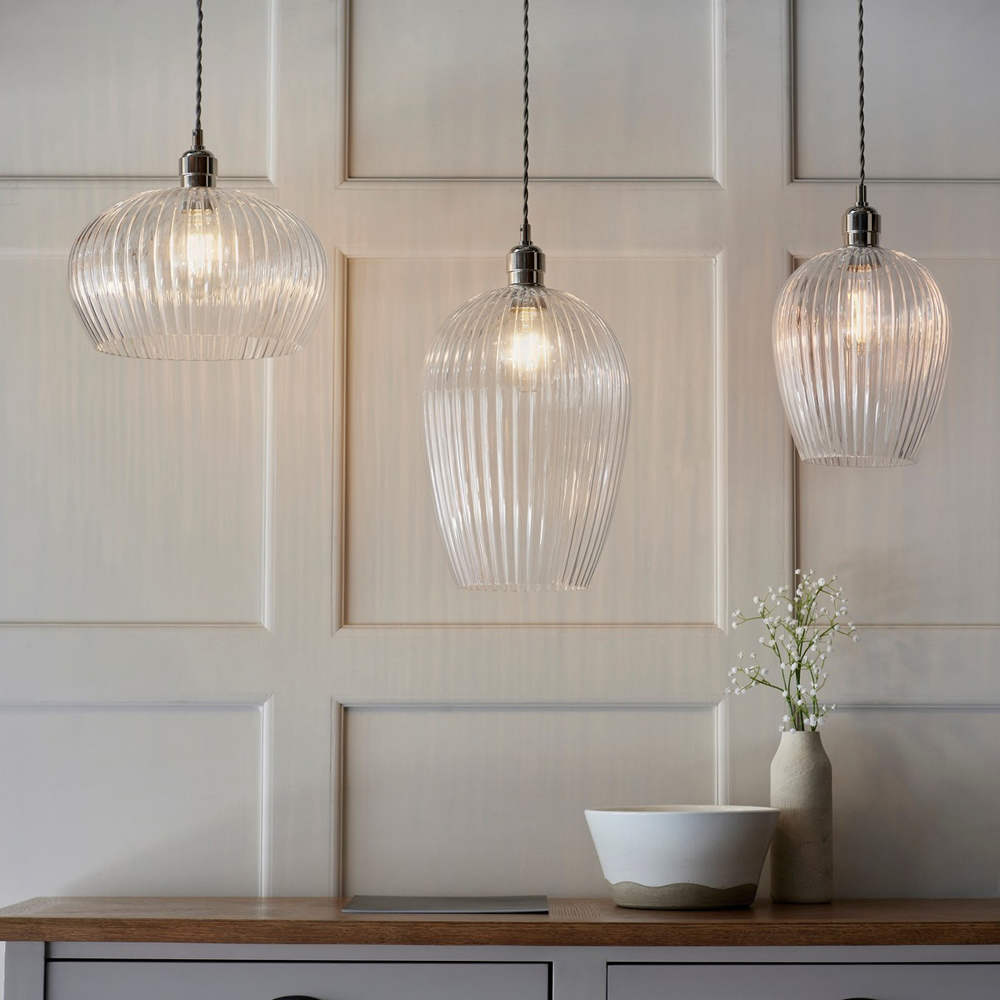 Merano Livorno Ribbed Glass Bright Nickel Plate Dome Pendant Ceiling Light Image 9