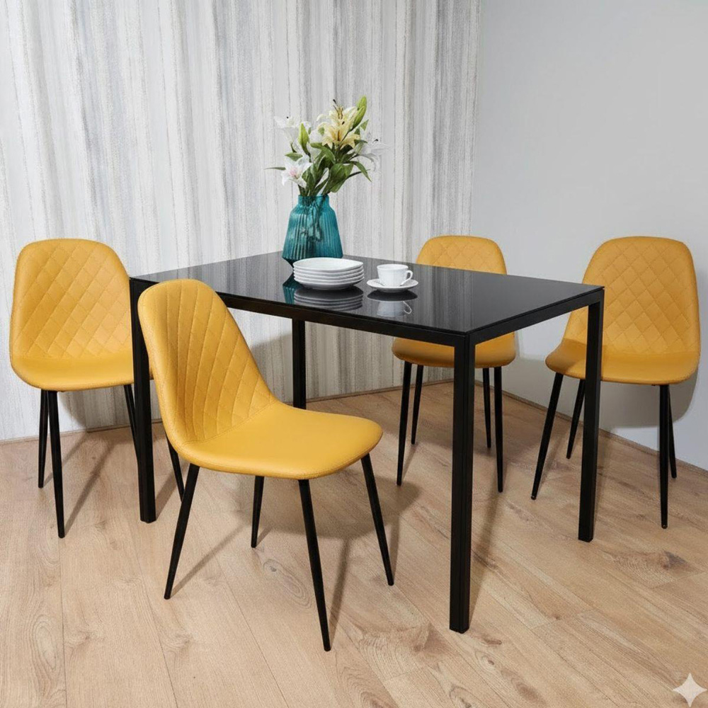 Kosy Koala 4 Seater Glass and Faux Leather Dining Set Mustard and Black Image 4