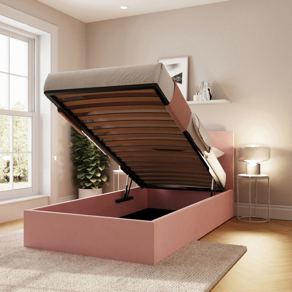 GFW Single Blush Pink Velvet End Lift Ottoman Bed with Memory Pocket Spring Mattress Image 9