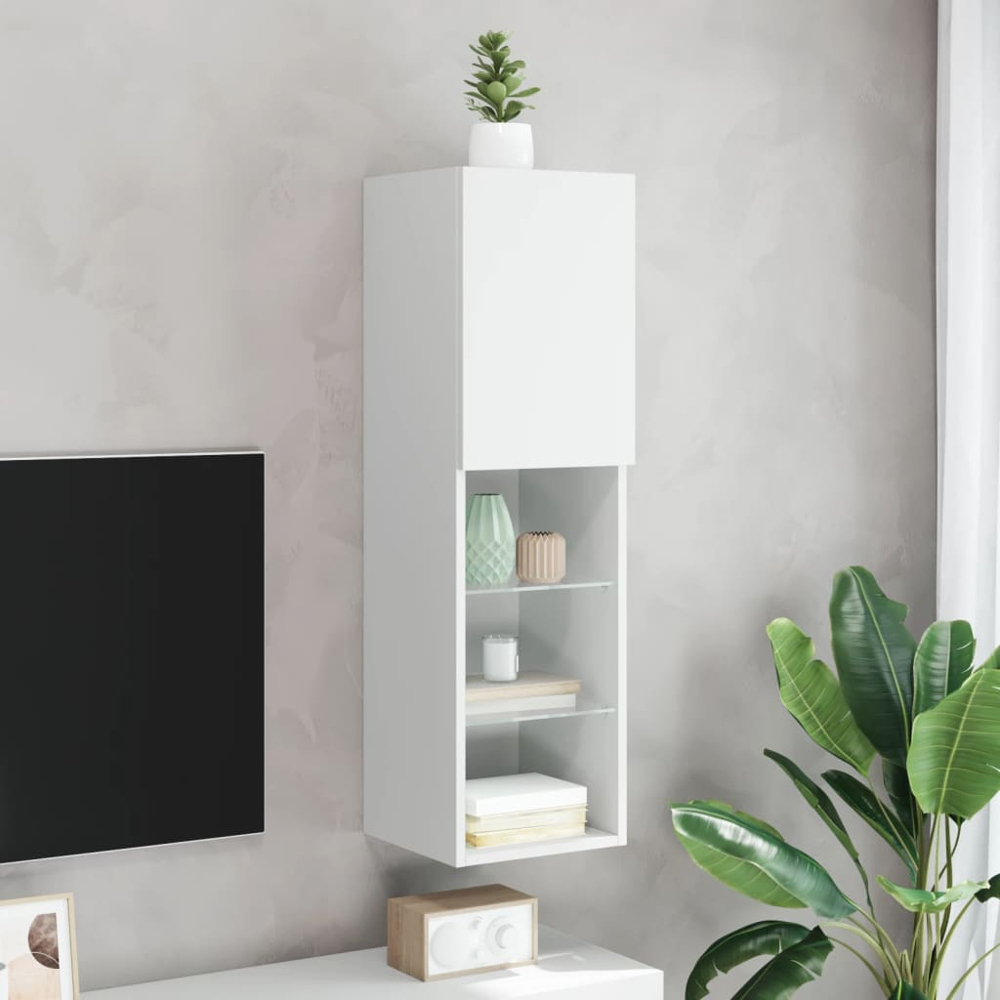 vidaXL Single Door 3 Shelf White Tall Slim TV Cabinet with LED Lights Image 8