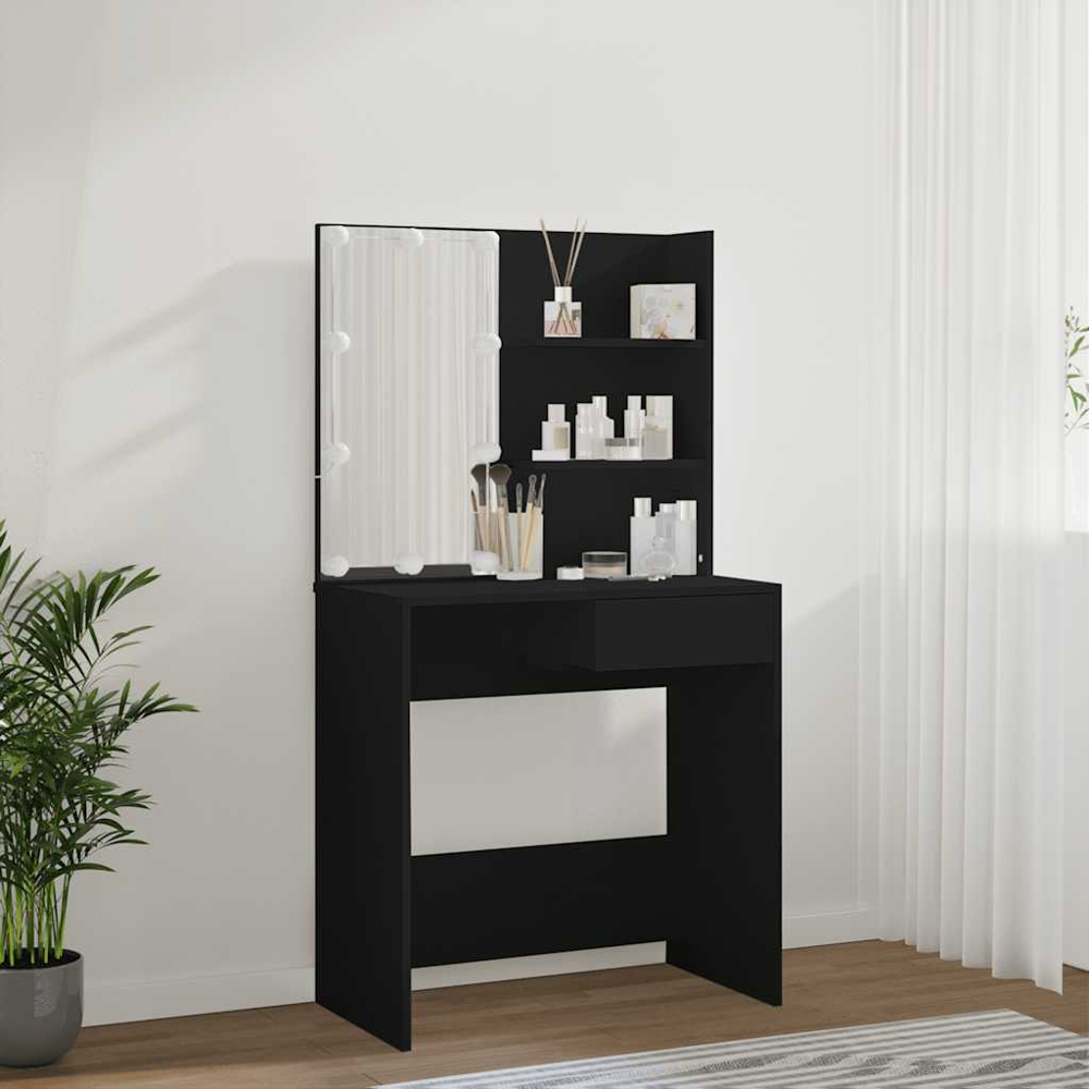 vidaXL Single Drawer 2 Shelf Black Dressing Table with LED Mirror Image 9